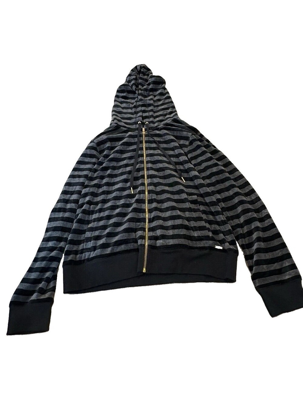 Women's Calvin Klein Hooded Black Gray Striped Velour Sweatshirt Jacket Size XL